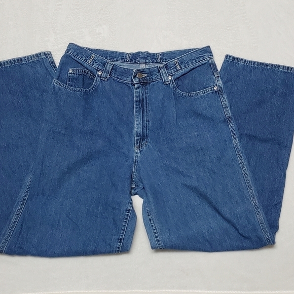 VINTAGE 90s Lee Riveted Dark Wash Wide Leg High Rise Skater Loose Fit Jeans - Picture 5 of 13